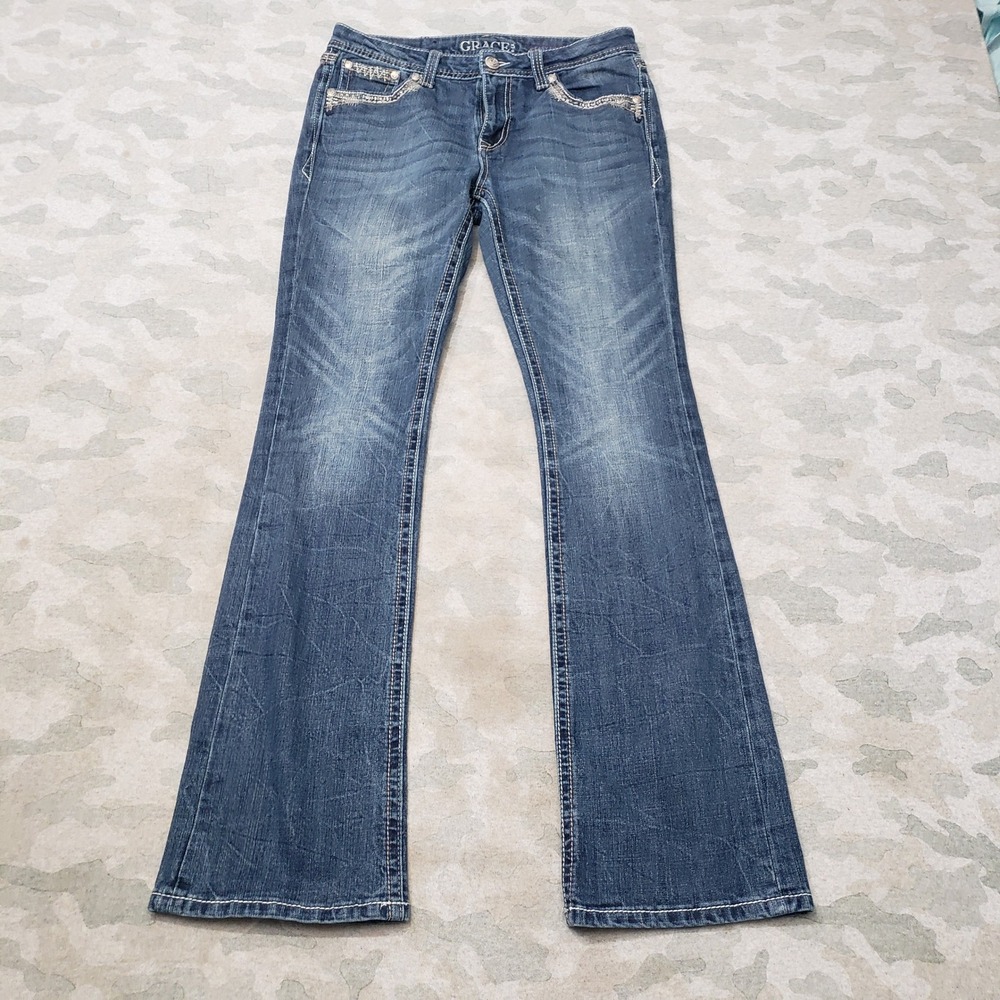 Grace in LA Jeans Womens 29 Blue Bootcut Whiskered Denim Medium Wash